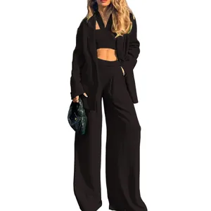 Full view of women's black 3-piece suit set featuring blazer and wide-leg trousers.