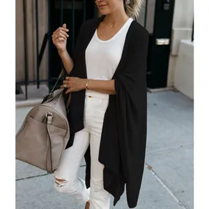 Women's elegant black loose irregular hem knitted cardigan mid-length casual style