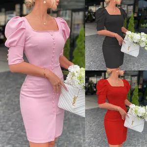 Women's Elegant Square Neck Puff Sleeve Midi Dress Slim Fit Button Decoration Bodycon Cocktail Party Celebrity Style Dress
