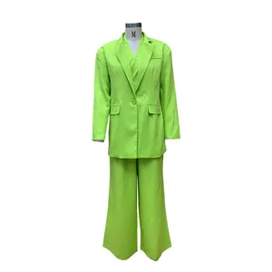 Front view of a three-piece lime green women's business suit set on a mannequin