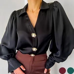 Women Elegant Satin Shirt Lantern Long Sleeve V Neck Blouse With Pearl Buttons Casual Loose Top Polyester Spandex Fashion Fall
