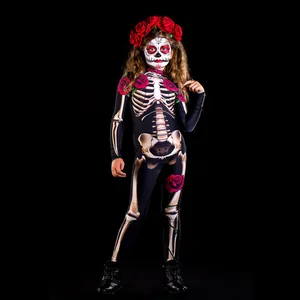 Tuta da scheletro per bambina di Halloween con stampa di rose rosse per cosplay