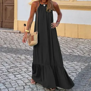 Fashionable black sleeveless halter neck maxi dress with ruffled hem for summer beach outings