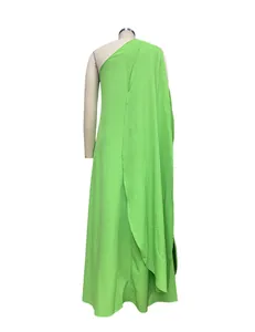 Back view of an elegant green one-shoulder sleeveless maxi dress for formal evening events