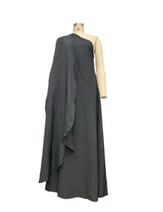 Side view detail of an elegant black one-shoulder sleeveless maxi banquet dress