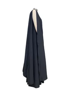 Side profile of a black one-shoulder sleeveless floor-length evening maxi dress