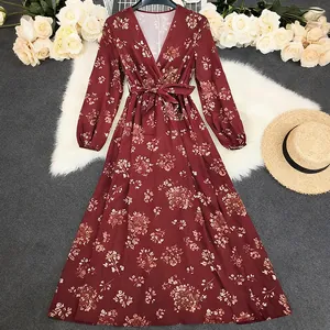 Vintage burgundy floral long sleeve bohemian maxi dress with V-neck and waist tie