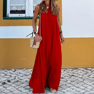 Full view of elegant red sleeveless halter maxi dress for summer beach vacations