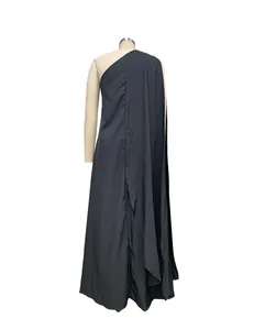 Detailed back view of a sophisticated one-shoulder black sleeveless evening maxi gown