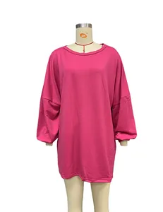 Vibrant pink long sleeve round neck mid-length sweatshirt shown on a female mannequin
