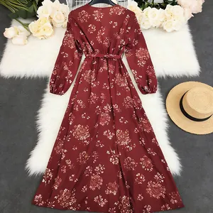 Vintage red bohemian floral print long sleeve maxi dress with waist tie for autumn