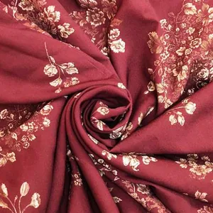 Vintage bohemian burgundy floral print fabric detail for autumn long sleeve dress