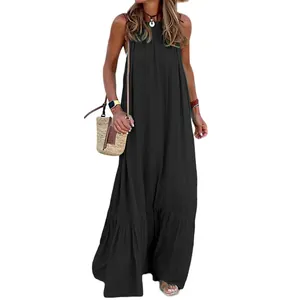 Detail view of a black sleeveless halter neck maxi dress perfect for beach fashion