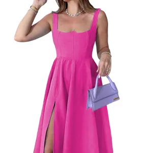 Vibrant fuchsia midi tank dress featuring a high front slit and structured square neckline