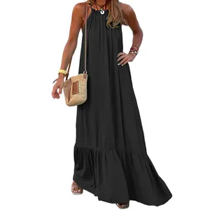 Full view of elegant black halter neck sleeveless maxi dress for summer beach vacation