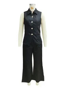 Front view of a two-piece black women's business suit with vest and straight-leg trousers