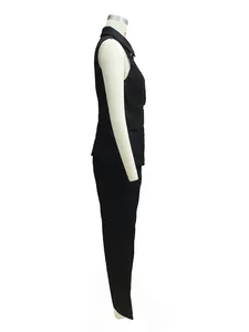 Side profile of a black two-piece commuter suit with sleeveless vest and straight trousers