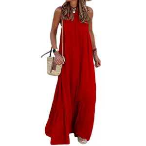 Elegant sleeveless red halter maxi dress for women stylish summer beach long sundress