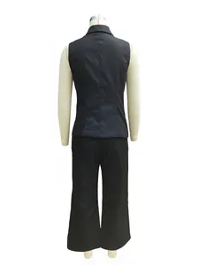 Back view of women's business casual two-piece suit with vest and straight trousers.