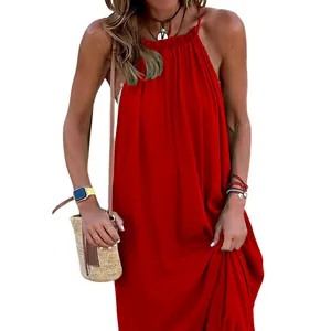 Close-up of elegant red sleeveless halter neck long beach maxi dress for women