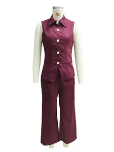 Burgundy sleeveless vest and straight-leg trousers two-piece office set for women