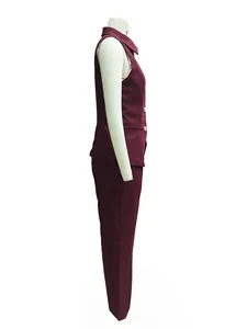 Side profile view of a burgundy two-piece commuter suit with vest and trousers