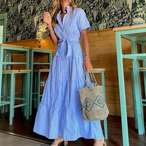 Summer blue and white vertical striped short sleeve tiered maxi dress with waist tie