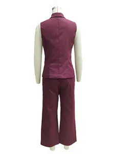 Back view of burgundy two-piece suit set with vest and straight trousers on mannequin