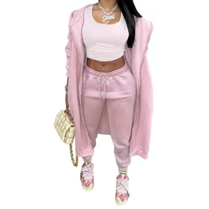 Pink long hooded sweatshirt and matching joggers three-piece athletic lounge set for women