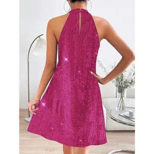 Back view detail showing the sequined texture of a hot pink halter neck cocktail dress