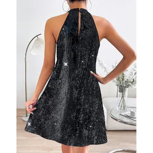 Back view of a black sequined halter neck cocktail dress with shimmering details.