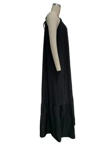A side view detail of a black sleeveless halter neck maxi beach dress on a mannequin