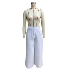 Detail view of elegant white wide-leg trousers for women displayed on a mannequin