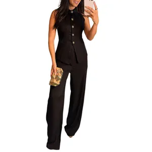 Elegant black two-piece commuter suit with sleeveless vest and straight leg pants