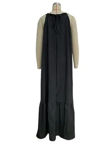Detail back view of a black sleeveless halter neck maxi dress for women's summer beachwear