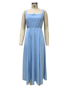 Front view of light blue sleeveless maxi dress with slit on a mannequin