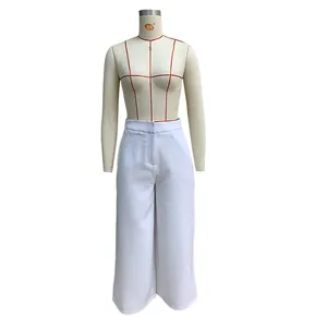 High-waisted white wide-leg trousers for women shown on a professional mannequin torso.