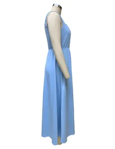 Side view of a light blue sleeveless maxi dress shown on a minimalist mannequin