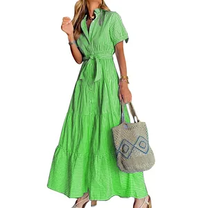 Green and white striped short sleeve maxi dress with tiered skirt detail