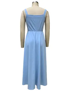 Back view of light blue sleeveless maxi dress for women on a mannequin
