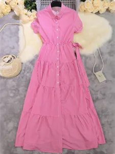 Elegant pink and white striped midi dress with short sleeves and tiered skirt detail
