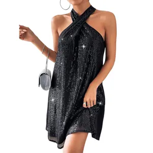 Detail of a sexy black halter neck sequin cocktail mini dress for women