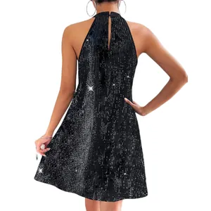 Close-up back view of an elegant black sequined halter cocktail dress for party wear