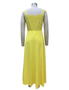 Back view of a vibrant yellow sleeveless maxi strap dress featuring an elastic waist detail.