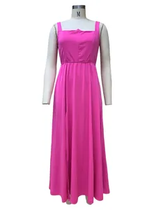 Magenta sleeveless square neck midi dress for women featuring elastic waist and flared skirt