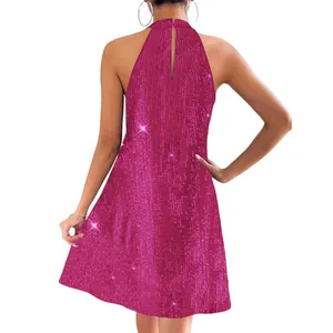 Back view of a shimmering fuchsia sequin halter dress for cocktail parties and evening events