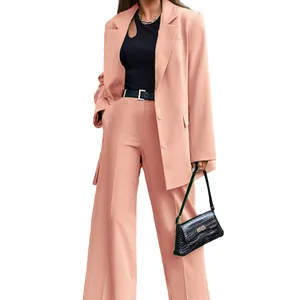 Women's apricot pink two-piece casual suit set with blazer and wide-leg trousers