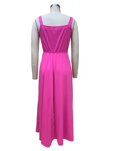 Back view of a vibrant pink sleeveless medium-long dress with elastic waist