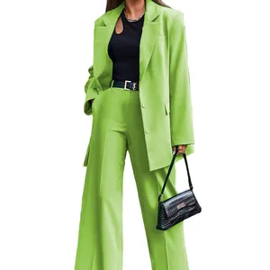 Details of a lime green long-sleeve women's blazer and wide-leg trousers suit set