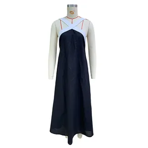 Detailed view of sleeveless halter neck cotton linen maxi dress in black and white